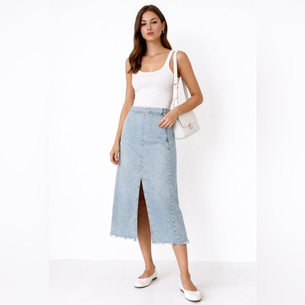 ZARA Premium Denim Light Wash Midi Skirt Raw Hem Front Slit Size L - Picture 15 of 16